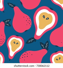 Fresh pears background. Hand drawn overlapping backdrop. Colorful wallpaper vector. Seamless pattern with fruits collection. Decorative illustration, good for printing. Design poster