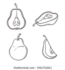Peras frescas con estilo dibujado a mano. Todo, mitades, partes de la fruta. Conjunto de ilustraciones vectoriales aisladas en fondo blanco