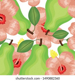 fresh pears fruits and flowers pattern