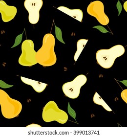Fresh pears seamless pattern. Sliced and full pear fruits random layout. Orange, green, yellow on black background.