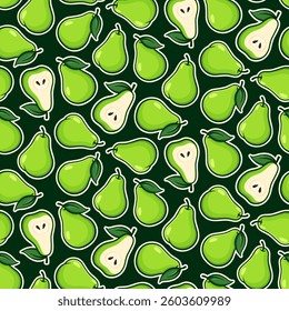 Fresh pears vector seamless pattern. Green fruits with leaves on black background.