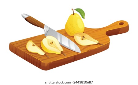 Fresh pears whole and half cut with knife on cutting board. Vector illustration isolated on white background