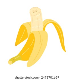 Bananen, frisch geschält und gebissen. Handgezeichnetes flaches Bananenschalen-Herz isoliert auf transparent. Exotische tropische gelbe Früchte, Bananenjause, gesunde vegetarische Kost. Vektorgrafik Clip Kunstillustrationen.