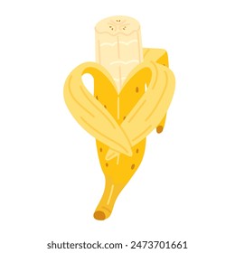 Fresh peeled and bitten banana. Hand drawn flat style banana peel heart isolated on transparent. Exotic tropical yellow fruit, banana snack, healthy vegetarian food. Vector clip art illustration.