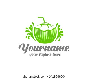 Fresh and peeled coconut with a straw and splashings waters, logo design. Food and drink, coconut juice and beverage, vector design and illustration