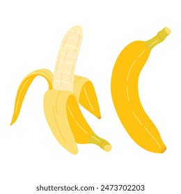 Bananen, frisch und ungeschält. Handgezeichnete flache Art Banane isoliert auf transparent. Exotische tropische gelbe Früchte, Bananenjause, gesunde vegetarische Kost. Vektorgrafik Clip Kunstillustrationen.