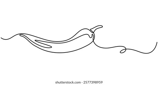 Fresh Pepper Continuous Line Editable Stroke Line, Red chili pepper design in continuous line art drawing style. Hot spice chilli isolated on white background. Vector illustration, Continuous editable