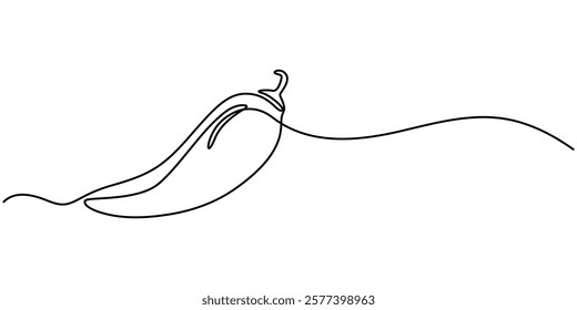 Fresh Pepper Continuous Line Editable Stroke Line, Red chili pepper design in continuous line art drawing style. Hot spice chilli isolated on white background. Vector illustration, Continuous editable