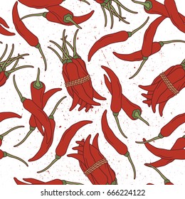 Fresh peppers hand drawn seamless pattern. Big collection of vegetables, food objects. Colorful overlapping background with natural spices icon vector. Decorative wallpaper, good for printing
