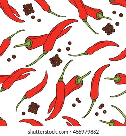 Fresh peppers and spices hand drawn seamless pattern vector. Doodle background. Colorful illustration with sketch objects