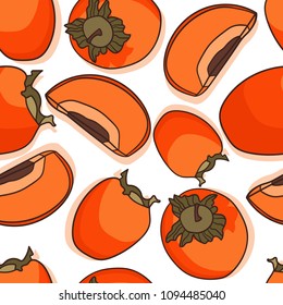 Fresh persimmon background. Hand drawn overlapping backdrop. Colorful wallpaper vector. Seamless pattern with fruits collection. Decorative illustration, good for printing