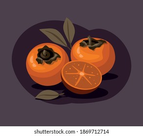 Frische Persimmon und Scheibe mit Blättern einzeln auf dunklem Hintergrund. Vektorgrafik