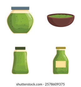 Fresh pesto icons set cartoon vector. Pesto sauce in jar and bowl. Spicy condiment