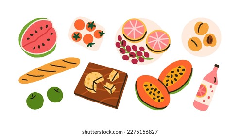 Fresh picnic food set. Healthy eating and drink. Fruits, cheese, baguette, beverage. Watermelon, apricots and grapefruit, apple, cherry tomato. Flat vector illustrations isolated on white background