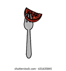 fresh piece tomato in the fork utensil