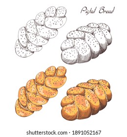 Fresh pigtail bread from the bakery. Ink colored illustration in old vintage style. Isolated clipart set on white background. Hand-drawn sketch.