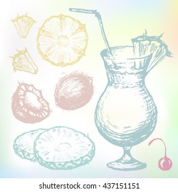 Fresh pineaple cocktail sketch set. Hand-drawn Pina colada illustration. Ink drawn Pina colada cocktail set with ingredients: coconut, cherry, pineapple slices and juice.