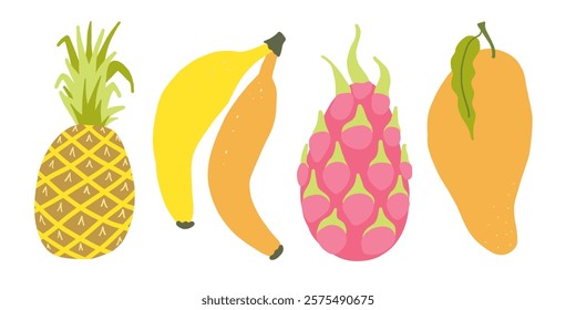 Fresh pineapple, bananas, dragonfruit, and mangoes radiate tropical vibes, perfect for smoothies, healthy recipes, and exotic fruit lovers seeking vibrant organic produce.