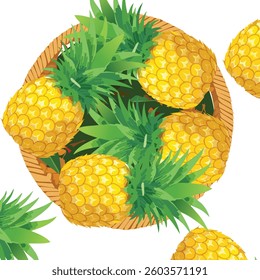 A fresh pineapple in a basket, with its tropical beauty standing out against the rustic weave of the basket