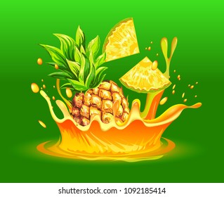 Fresh pineapple in a burst of cold yellow juice. Realistic vector image.
