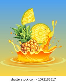 Fresh pineapple in a burst of cold yellow juice. Realistic vector image.