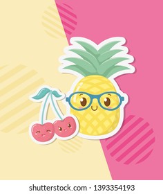 fresh pineapple and cherries fruits kawaii characters