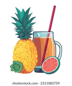 Fresh pineapple cocktail with organic citrus leaves icon isolated