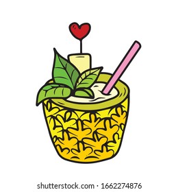 Fresh pineapple cocktail with a straw. Hand-drawn . On a white isolated background. Vector illustration for banners and postcards.