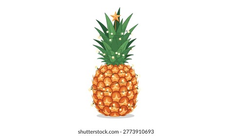 A fresh pineapple decorated with glowing string lights and a golden star on top, presented as a unique Christmas tree.