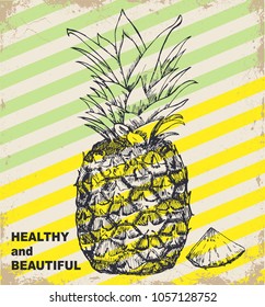 Fresh pineapple design template. Botanical fruit. Engraved pineapple. Vector illustration