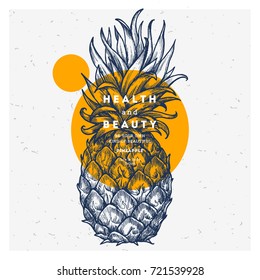 Fresh pineapple design template. Botanical fruit. Engraved pineapple. Vector illustration