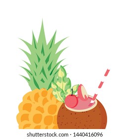 fresh pineapple fruit in the beach with cocktail coconut