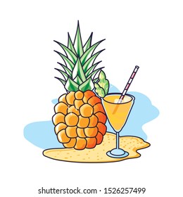 fresh pineapple fruit in the beach with cocktail vector illustration design