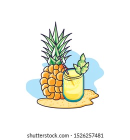 fresh pineapple fruit in the beach with glass of juice vector illustration design