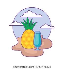 fresh pineapple fruit with juice glass on beach