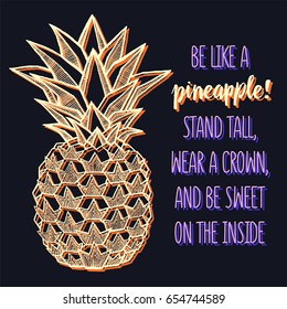 Fresh Pineapple isolated on black background. Hand-drawn ink vector illustration for t-shirts, banners, posters etc