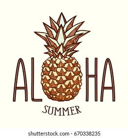 Fresh Pineapple isolated on white background. Hand-drawn ink vector illustration for t-shirts, banners, posters etc