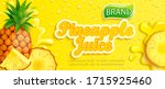 Fresh pineapple juice banner with apteitic drops from condensation, fruit slice on cold background for brand,logo, template,label,emblem,store,packaging,advertising.Vector illustration