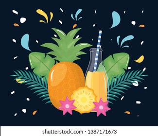 fresh pineapple juice fruit in botttle with straw in floral decoration