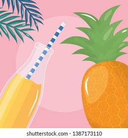fresh pineapple juice fruit in botttle with straw in leafs palms