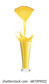 Fresh pineapple juice in glass on white background. Splash beverage with fruit slice.