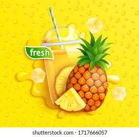 Fresh pineapple juice to go banner with apteitic drops from condensation,tasty fruit slice on yellow background for brand,logo, template,label,emblem,store,packaging,advertising.Vector illustration