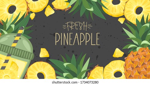 Fresh pineapple, leaves and slices. Hand calligraphy. Label, banner advertising element. Vector illustration.
 Printing on fabric, paper, postcards, invitations.
