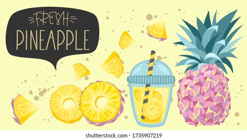 Fresh pineapple, leaves and slices. Hand calligraphy. Label, banner advertising element. Vector illustration.
 Printing on fabric, paper, postcards, invitations.