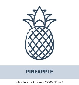 Fresh pineapple outline monochrome icon with title. Vector monochrome illustrations isolated on white background. Healthy food concept.