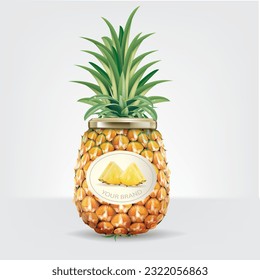 Fresh pineapple packed in a pineapple shaped bottle.