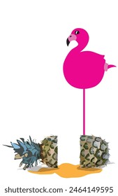 Fresh pineapple with pink flamingo. Exotic tropical birds. Isolated wildlife animals vector.