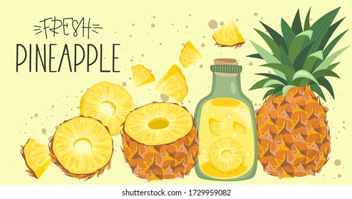 Fresh pineapple fresh, ripe pineapple and pineapple slices. Label, banner advertising element. Vector illustration.
Printing on fabric, paper, postcards, invitations.