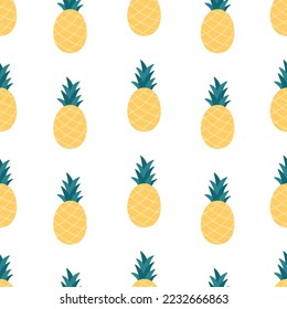 Fresh pineapple seamless pattern. Exotic and tropical fruit seamless pattern. Flat, hand drawn texture for wallpaper, textile, fabric, paper. Hand drawn vector illustration