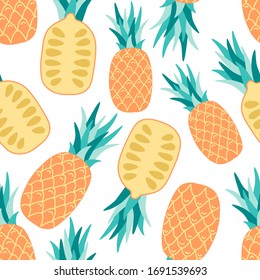 Fresh pineapple seamless pattern, modern hand drawn technique in flat cartoon style, white background isolated. Vector illustrartion. 